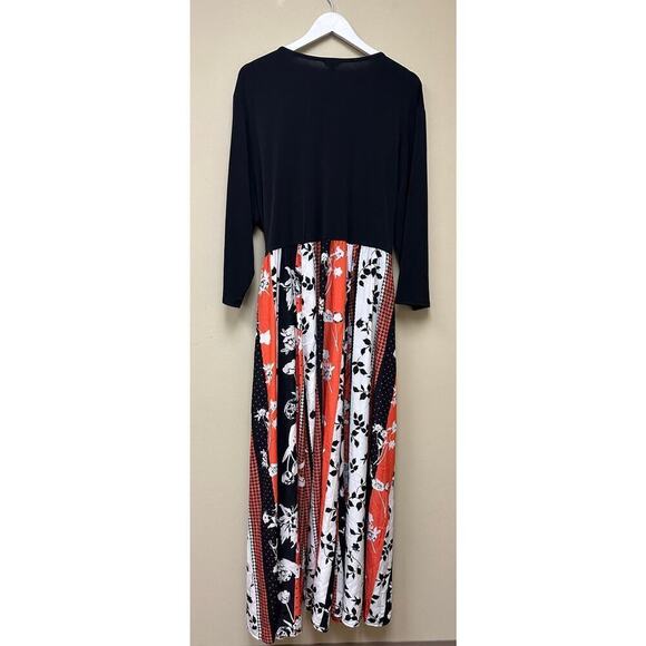 Cato Est. 1946 Black Multicolor Tie Belt 3/4 Sleeve V-Neck Maxi Dress Sz 22/24W - Picture 2 of 13